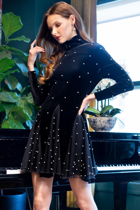 Angelica Dress - Black Velvet Pearl